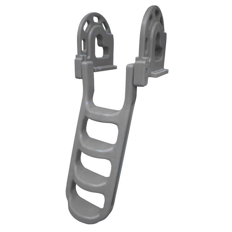 Gray pool ladder with four steps.