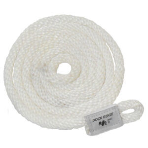 Coiled white dock line with loop end.