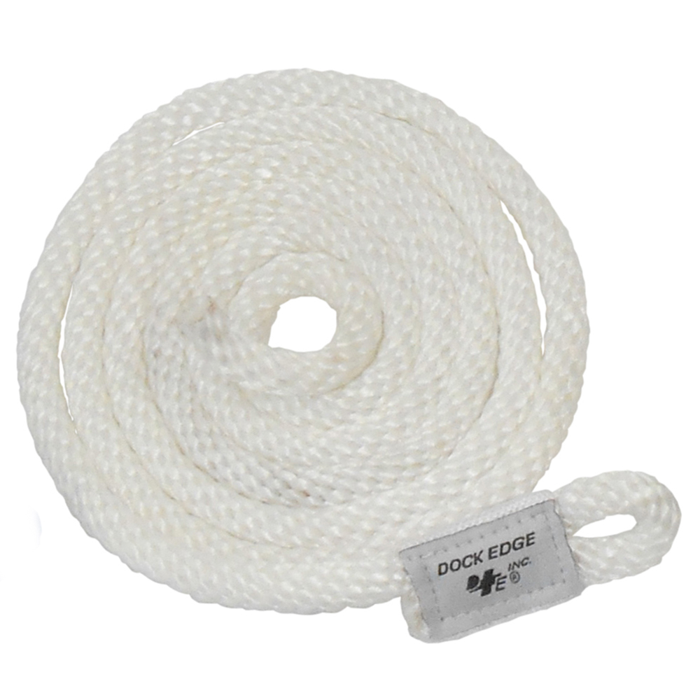 Coiled white dock line with loop end.