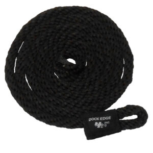 Coiled black dock line rope with looped end