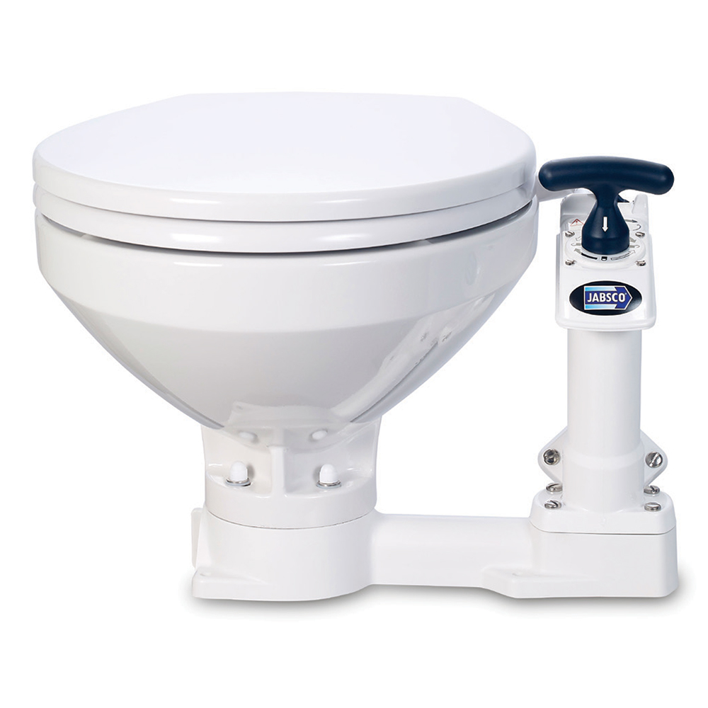 Manual marine toilet with pump handle.