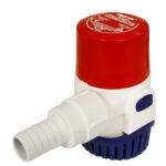 Red and white water pump with hose connection.
