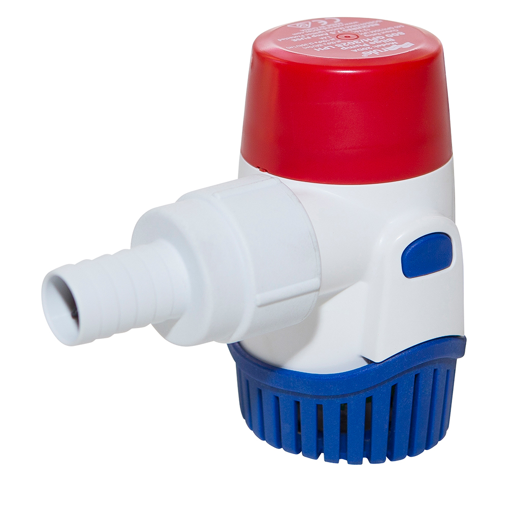 Marine bilge pump with red and blue design.