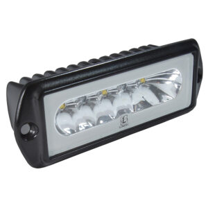 Black LED floodlight with clear protective lens.