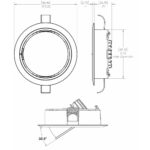 Technical drawing of a circular recessed light fixture.
