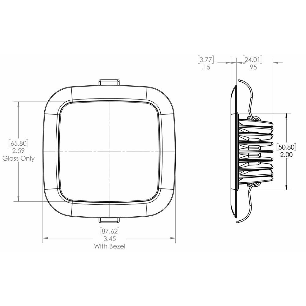 Technical diagram of square glass bezel with dimensions.