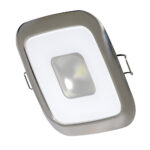 Stainless steel recessed LED ceiling light fixture.