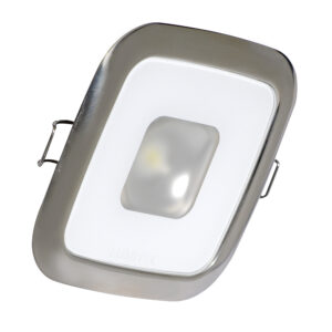 Rectangular LED light with metallic frame.