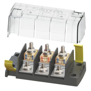 Marine-rated battery fuse block with cover.