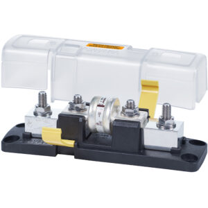 Electrical fuse holder with cover and yellow latch.