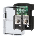 Clear plastic fuse holder with metal screws.