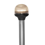 LED pole light with aluminum and black finish.