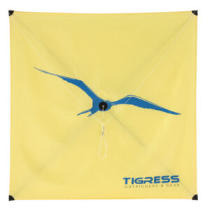 Yellow kite with blue bird design for fishing.