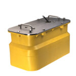 Yellow junction box with metal cover and cable.