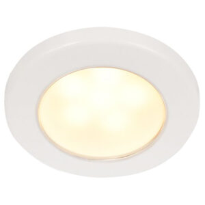 Round recessed ceiling light with white trim.