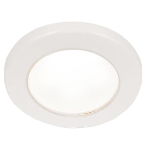 Round LED ceiling light fixture, white trim.