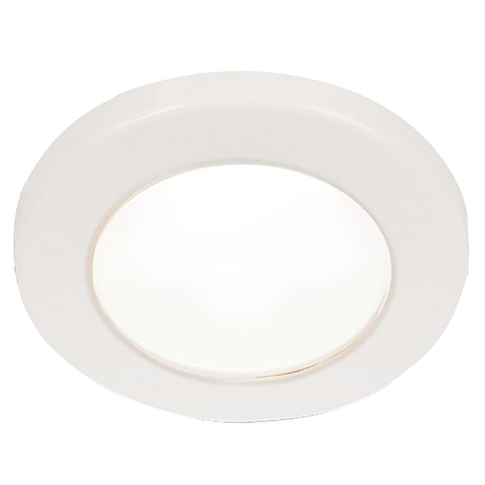 Round LED ceiling light fixture, white trim.
