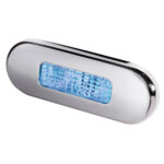 Chrome ceiling light with blue illumination