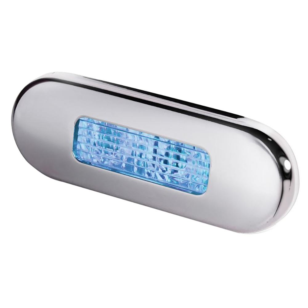 Chrome ceiling light with blue illumination