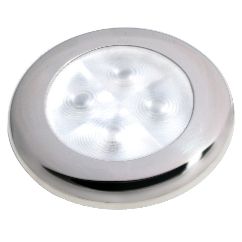 Round LED ceiling light with metallic finish.