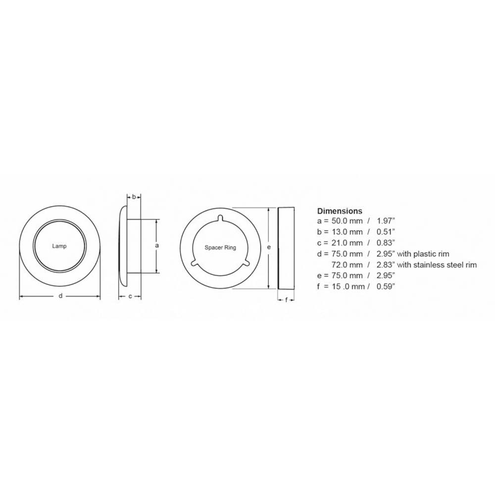 Diagram of lamp dimensions and spacer ring.