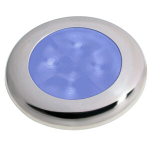 Blue illuminated pool light with metallic rim.