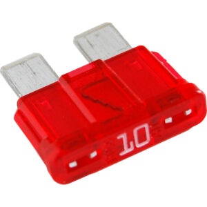 Red 10-amp car fuse, close-up view.