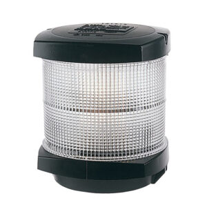 Marine navigation light with black top and base.