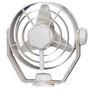 White wall-mounted fan with protective grille