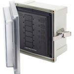 Open electrical panel enclosure with lock mechanism.