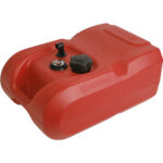 Red portable fuel tank with cap and gauge.