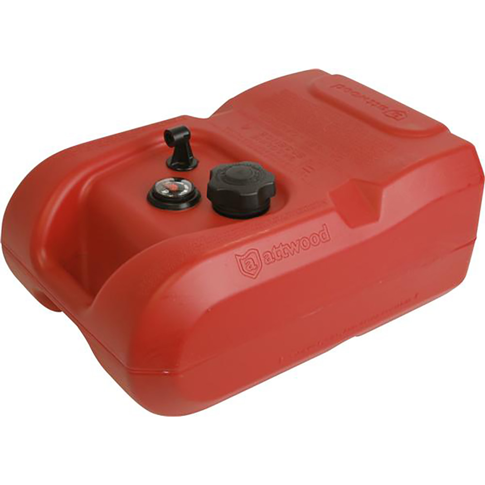 Red portable fuel tank with cap and gauge.