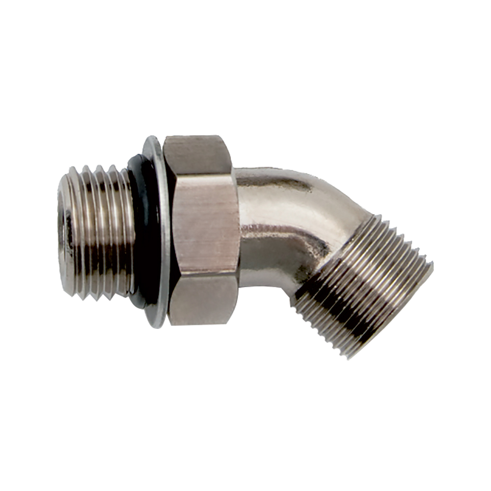 Metal elbow pipe fitting with threaded ends.