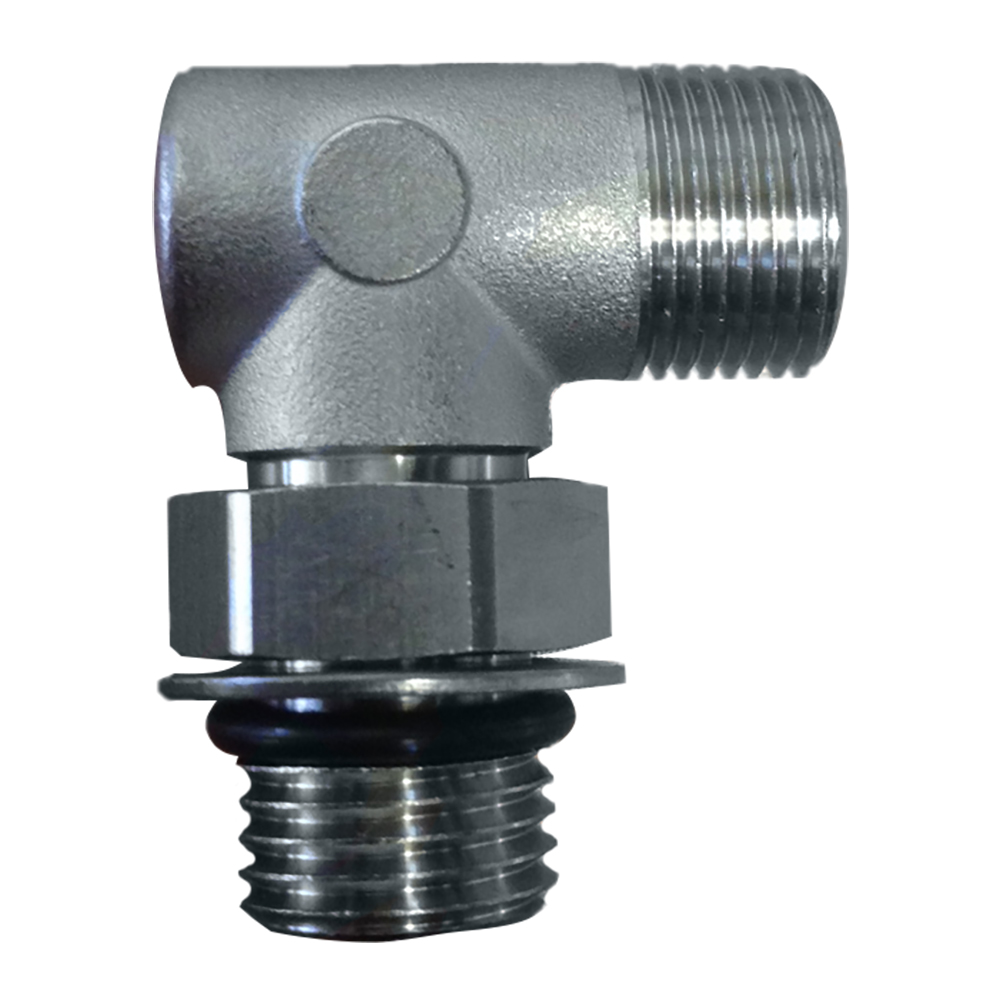 Metal elbow pipe fitting with threaded ends.