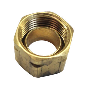 Brass hexagonal coupling nut with threaded interior.