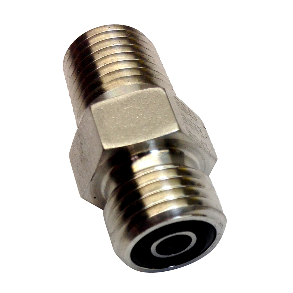 Metal pipe fitting with threaded ends close-up.