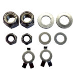 Assorted nuts, bolts, and washers on white background.