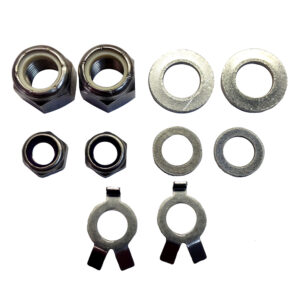 Assorted nuts, bolts, and washers on white background.