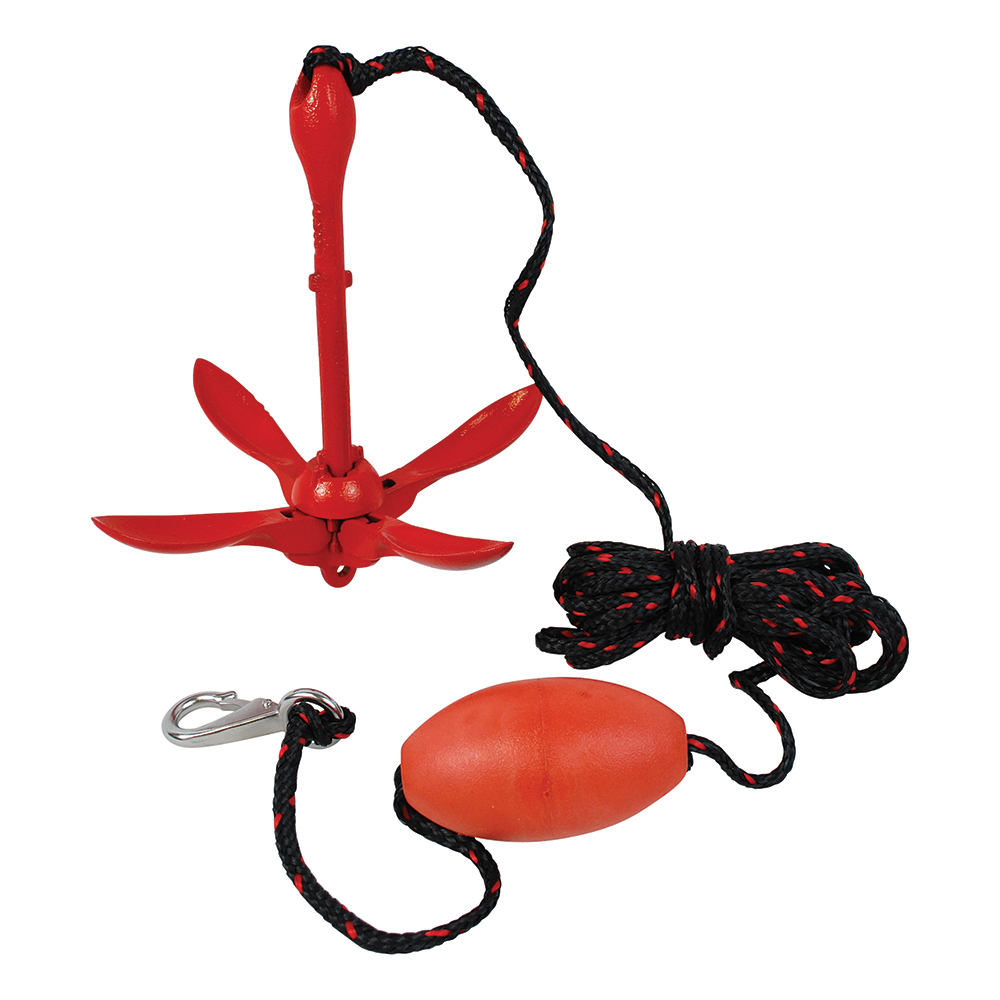 Red boat anchor with rope and float