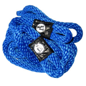 Blue braided rope with black tags.