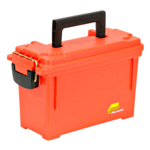 Orange plastic toolbox with black handle.