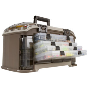 Multi-tiered fishing tackle box with clear compartments.