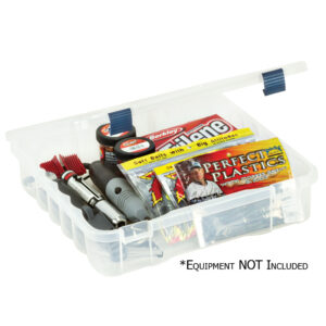 Tackle box with assorted fishing supplies inside.