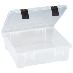 Open clear plastic storage box with secure latches.