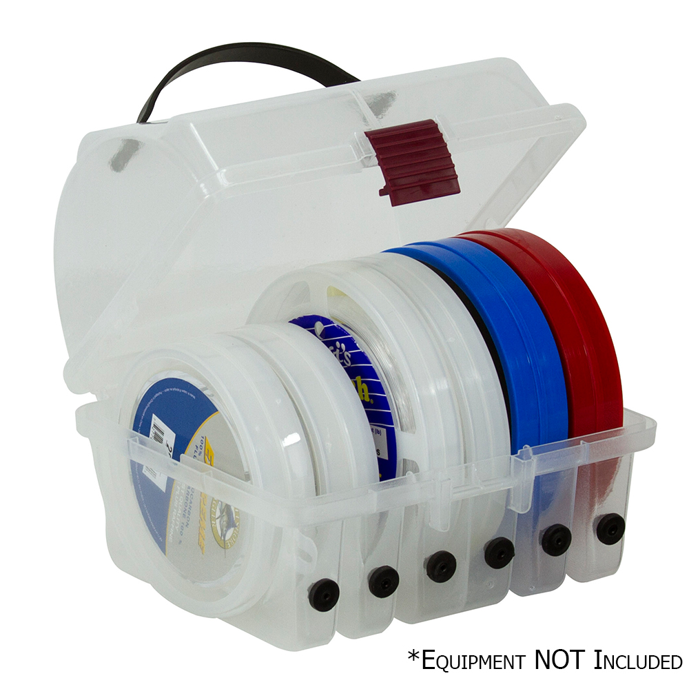 Clear tackle box with spools, handle on top.
