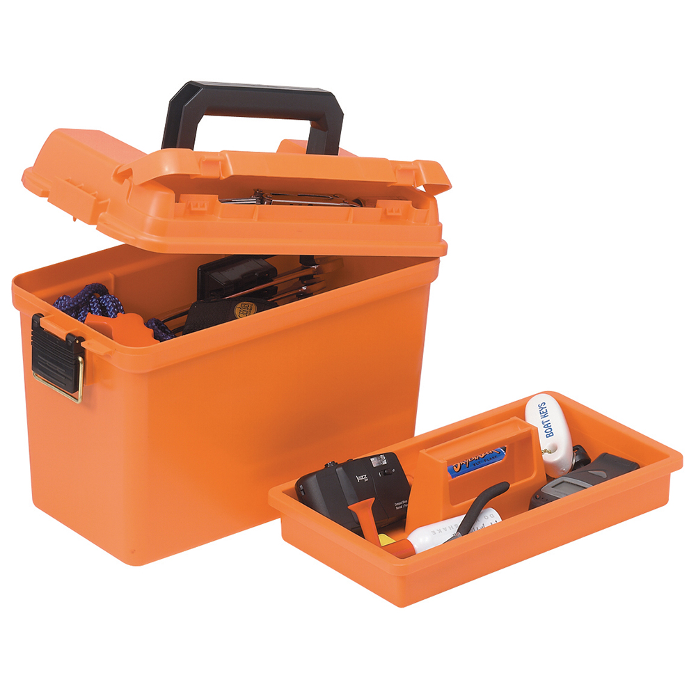 Orange toolbox with various tools inside.