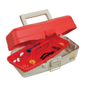 Open tackle box with fishing accessories.