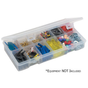 Clear plastic storage box with assorted items.