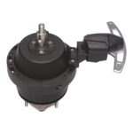Black steering wheel adapter for racing applications.