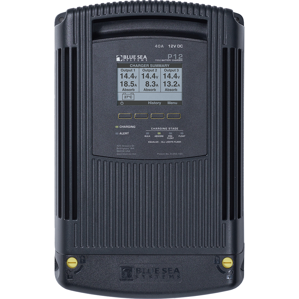 Marine battery charger with display and controls.